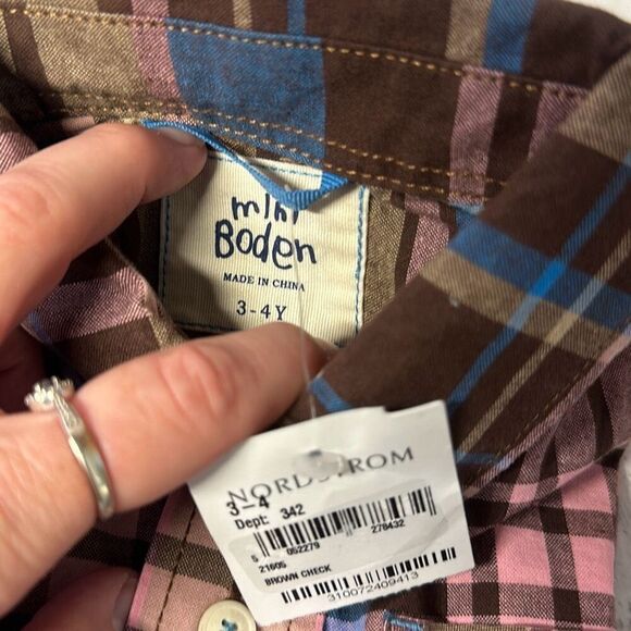 Mini Boden Striped Plaid Button Down Boys Short Sleeve size 3-4Y Brown Blue set - Picture 4 of 7